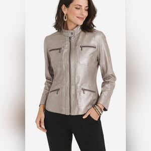 Chico's Metallic Faux Leather Moto Jacket Silver Size Medium